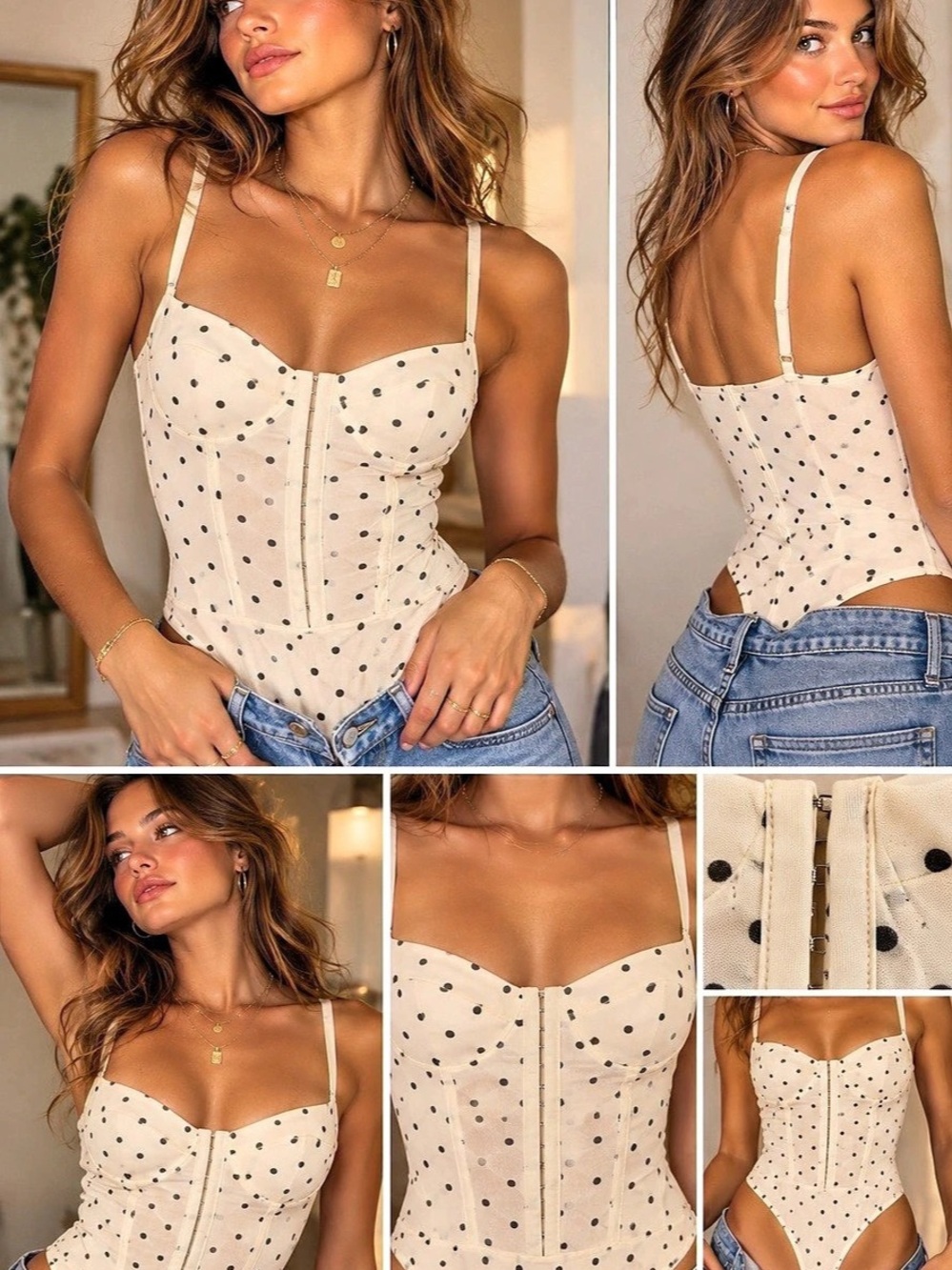 Free People Polka Dot Mesh Corset Bodysuit One Size XS S Bustier